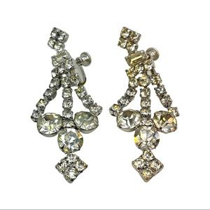 Vintage Rhinestone Dangle Earrings Clear White Screwback Unpierced